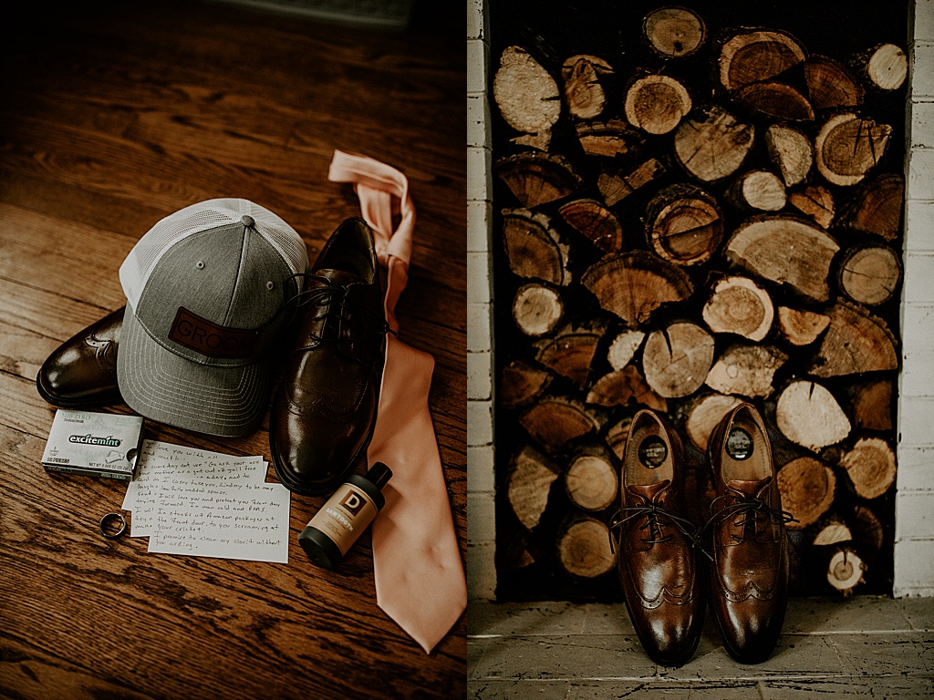 men's tie, hat, shoes against chopped wood