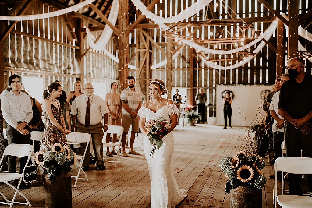 Wisconsin Barn Wedding | Copper Antler | Bride walking down the aisle