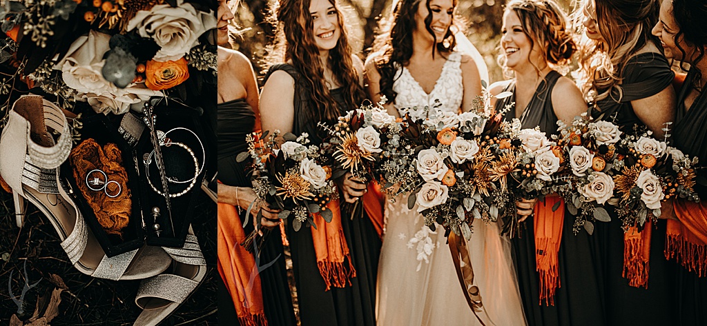 halloween wedding details and bridesmaids in burnt orange and greens