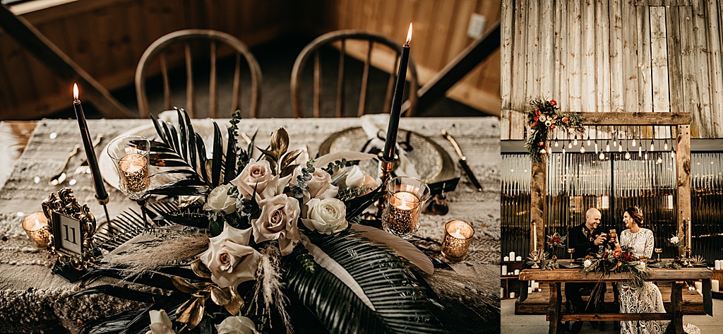gothic wedding head table decor with vintage wood, candles and greenery