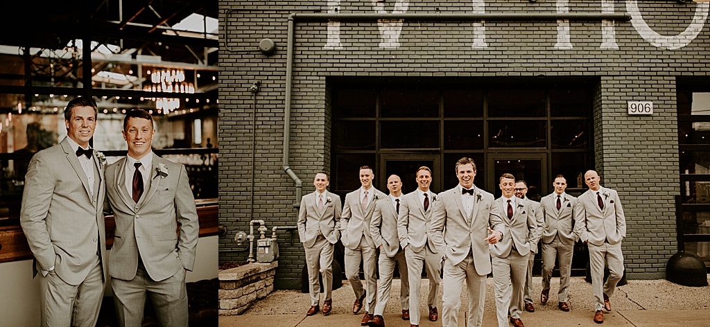 collage of groom and groomsmen walking together
