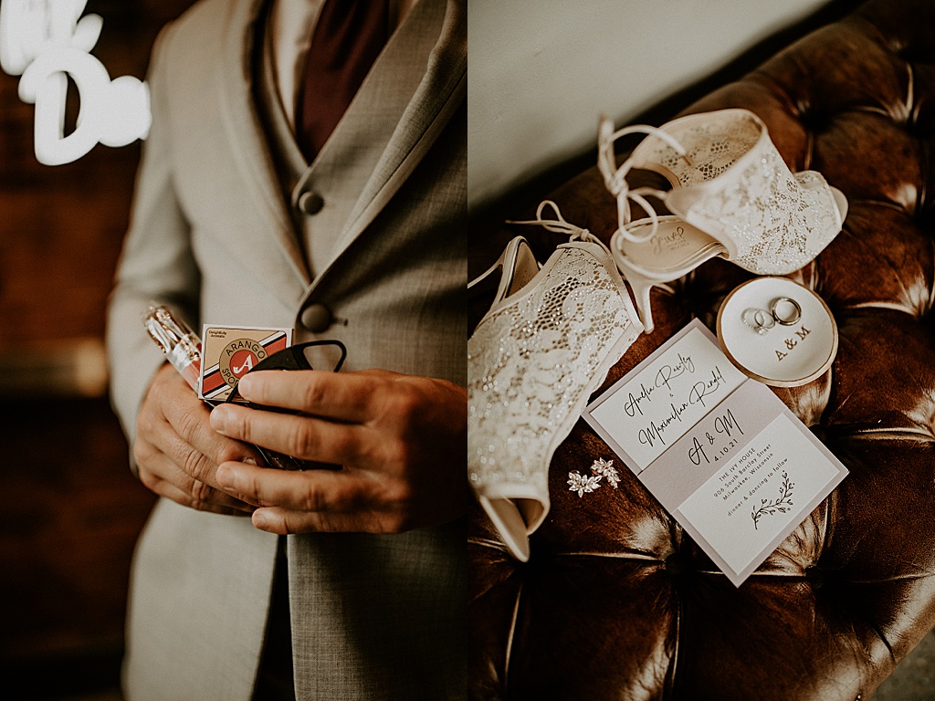 collage of groom holding cigar and brides shoes with wedding stationary