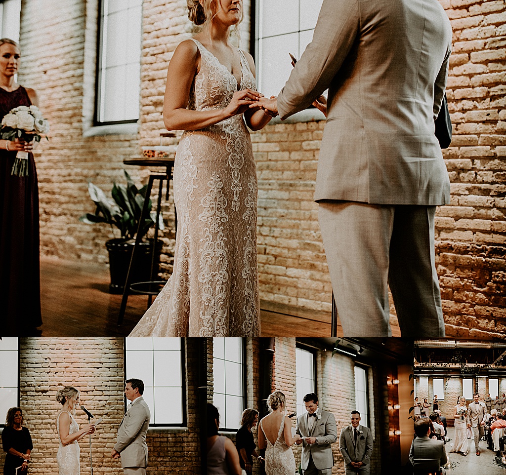collage of bride and groom reading vows and placing wedding rings on fingers