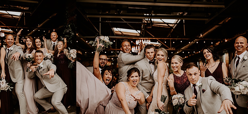 collage of bridal party excitedly posing for photos during Spring wedding