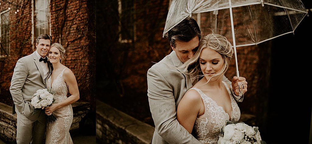 collage of bride and groom outside brick building under transparent umbrella